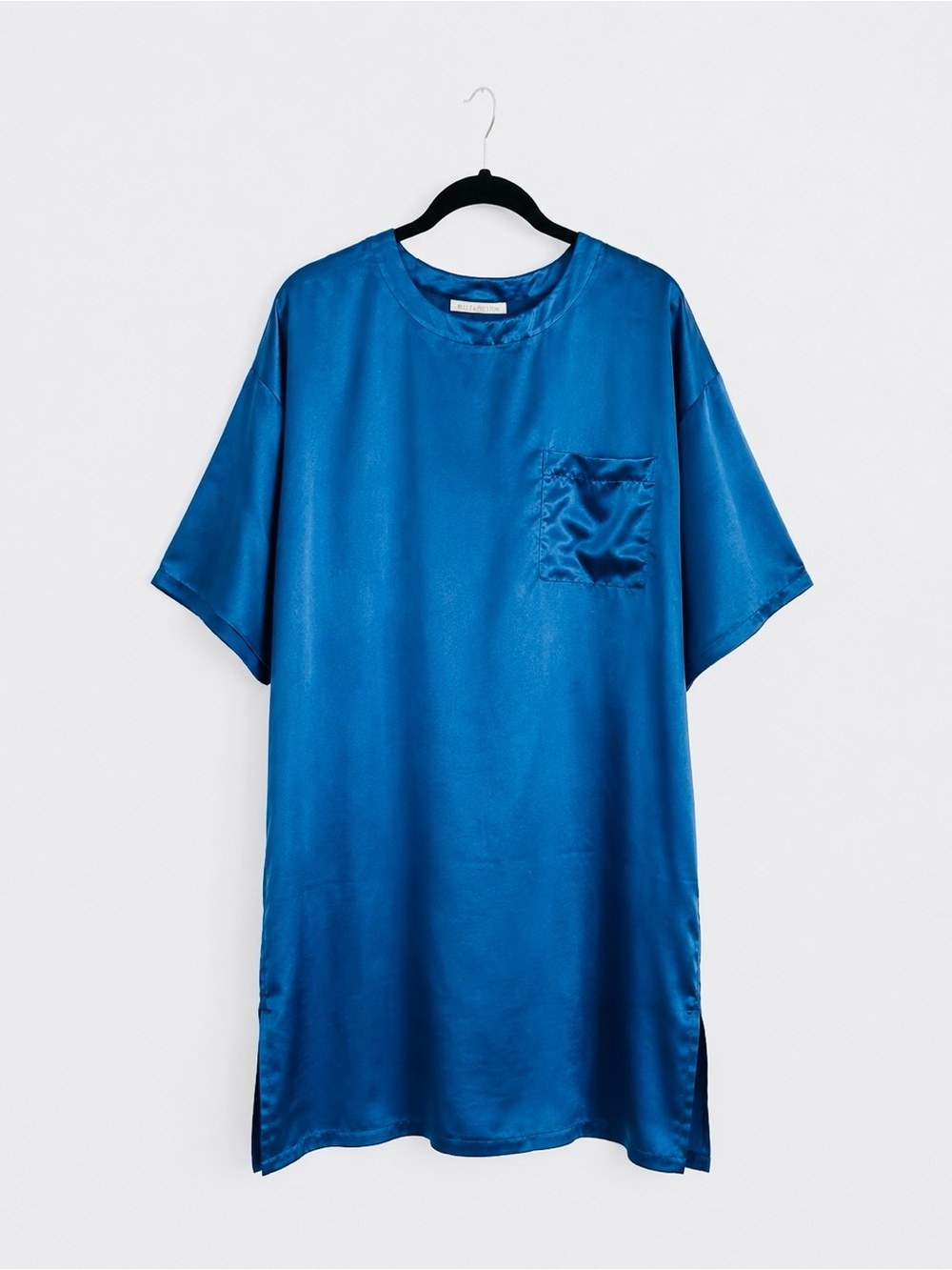 Blue Satin Short-Sleeve Pocket Shirt